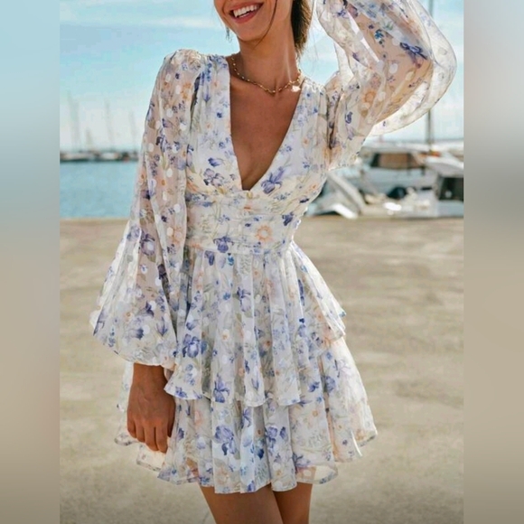 New Flowy Floral Dot Bishop Sleeve Tiered Mini Ruffle Dress White Blue Purple - Picture 8 of 10